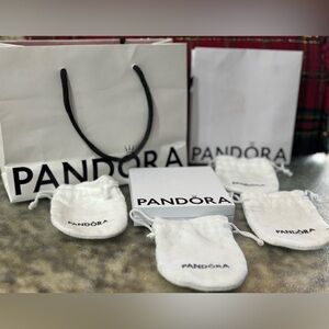 Pandora larger and smaller purchase bag, 4 charm holder bags, and a bracelet box